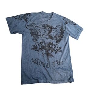 Aqua Vi Mens T-Shirt Medium Blue Grey Eagle Graphic Y2K MMA Streetwear Cotton